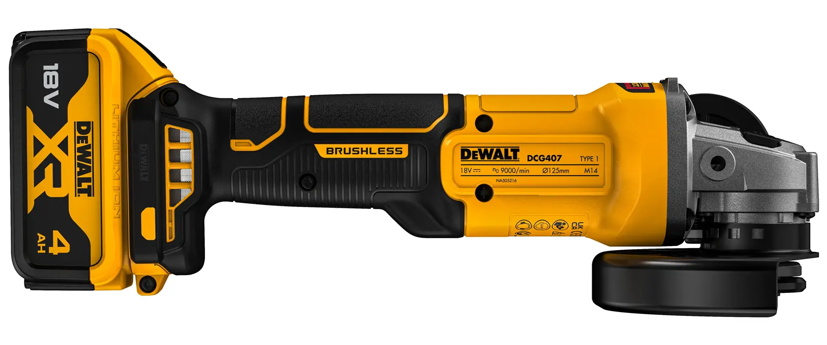 18V XR® kömürsüz 125mm sürgülü şalterli avuç taşlama - 2 x 4Ah